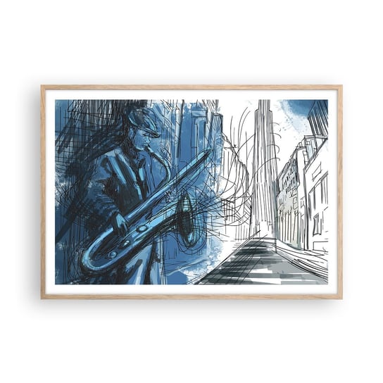 Obraz - Plakat - Miejska rapsodia - 100x70cm - Saksofon Jazz Muzyka - Foto Plakaty w ramie koloru jasny dąb do Salonu Sypialni ARTTOR ARTTOR