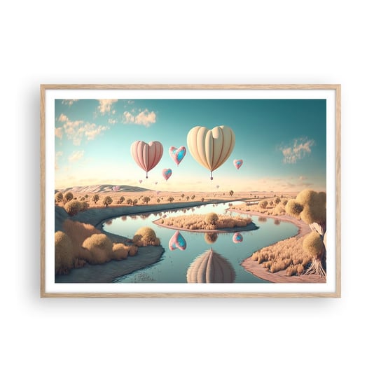 Obraz - Plakat - Miłość pozwala wznieść się - 100x70cm - Balony Pastelowe Cukierkowe - Foto Plakaty w ramie koloru jasny dąb do Salonu Sypialni ARTTOR ARTTOR