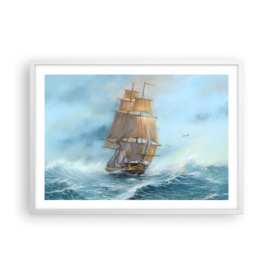 Obraz - Plakat - Mknący po falach - 70x50cm - Morze Statek Marynistyczny - Nowoczesny modny obraz Plakat rama biała ARTTOR ARTTOR