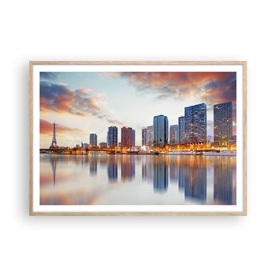 Obraz - Plakat - Monumentalny spokój Paryża - 100x70cm - Miasto Paryż Wieża Eiffla - Foto Plakaty w ramie koloru jasny dąb do Salonu Sypialni ARTTOR ARTTOR
