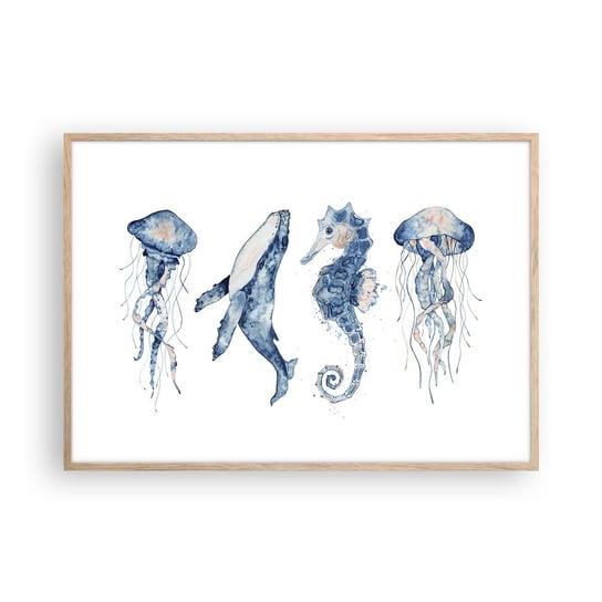 Obraz - Plakat - Morskie dziwy - 100x70cm - Morskie Zwierzęta Konik Morski Meduza - Foto Plakaty w ramie koloru jasny dąb do Salonu Sypialni ARTTOR ARTTOR