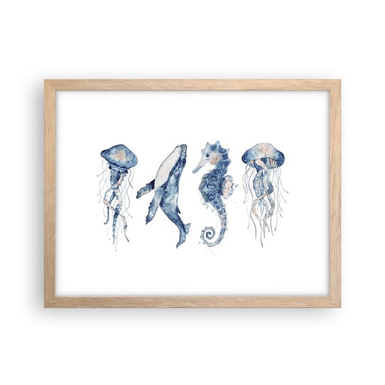 Obraz - Plakat - Morskie dziwy - 40x30cm - Morskie Zwierzęta Konik Morski Meduza - Foto Plakaty na ścianę w ramie jasny dąb - Plakat do Salonu Sypialni ARTTOR ARTTOR