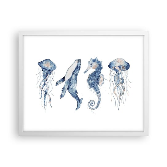 Obraz - Plakat - Morskie dziwy - 50x40cm - Morskie Zwierzęta Konik Morski Meduza - Foto Plakaty w ramie koloru białego do Salonu Sypialni ARTTOR ARTTOR