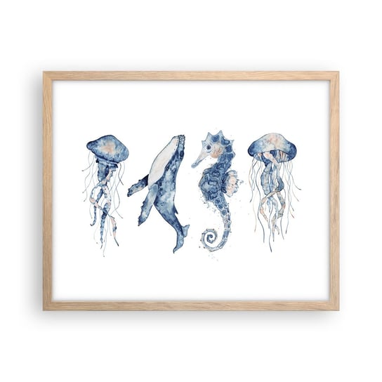 Obraz - Plakat - Morskie dziwy - 50x40cm - Morskie Zwierzęta Konik Morski Meduza - Foto Plakaty w ramie koloru jasny dąb do Salonu Sypialni ARTTOR ARTTOR