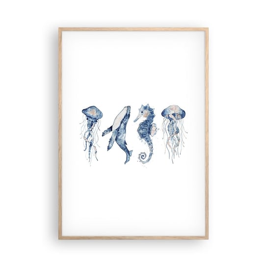 Obraz - Plakat - Morskie dziwy - 70x100cm - Morskie Zwierzęta Konik Morski Meduza - Foto Plakaty w ramie koloru jasny dąb do Salonu Sypialni ARTTOR ARTTOR
