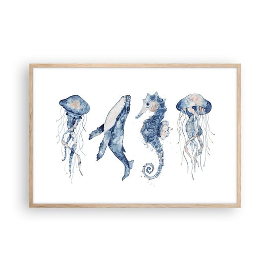 Obraz - Plakat - Morskie dziwy - 91x61cm - Morskie Zwierzęta Konik Morski Meduza - Foto Plakaty na ścianę w ramie jasny dąb - Plakat do Salonu Sypialni ARTTOR ARTTOR