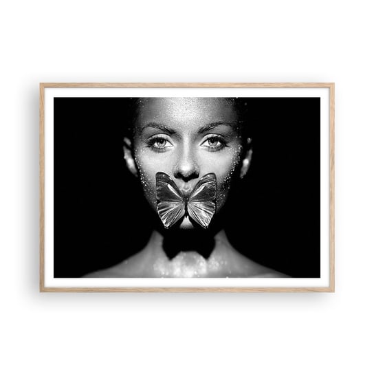 Obraz - Plakat - Motyli pocałunek - 100x70cm - Abstrakcja Kobieta Motyl - Foto Plakaty w ramie koloru jasny dąb do Salonu Sypialni ARTTOR ARTTOR