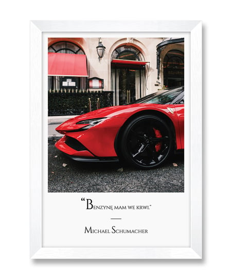 Obraz plakat na ścianę czerwony samochód sportowy do warsztatu samochodowego Michael Schumacher biała rama 23,5x32 cm iWALL studio