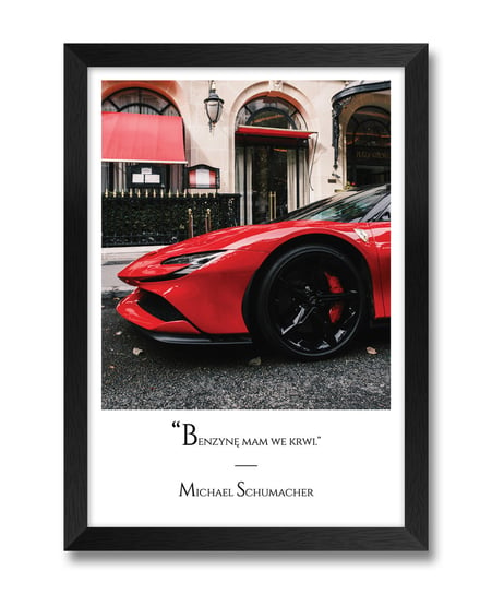 Obraz plakat na ścianę czerwony samochód sportowy do warsztatu samochodowego Michael Schumacher czarna rama 23,5x32 cm iWALL studio