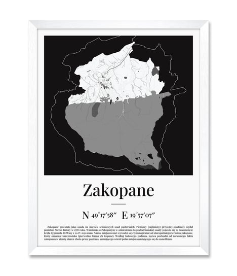 Obraz plakat na ścianę do pensjonatu stancji domku mapa góry Zakopane Zakopanego biała rama 32x42 cm iWALL studio