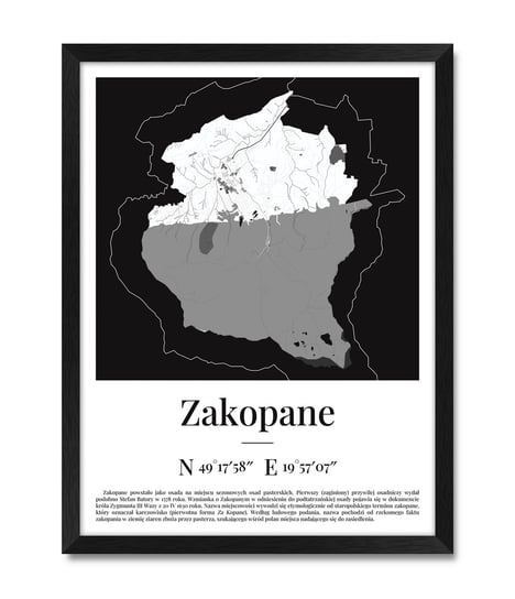 Obraz plakat na ścianę do pensjonatu stancji domku mapa góry Zakopane Zakopanego czarna rama 32x42 cm iWALL studio