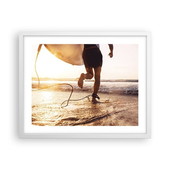 Obraz - Plakat - Na spotkanie fali - 50x40cm - Surfing Plaża Wolność - Foto Plakaty w ramie koloru białego do Salonu Sypialni ARTTOR ARTTOR