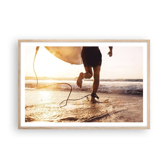 Obraz - Plakat - Na spotkanie fali - 91x61cm - Surfing Plaża Wolność - Foto Plakaty na ścianę w ramie jasny dąb - Plakat do Salonu Sypialni ARTTOR ARTTOR