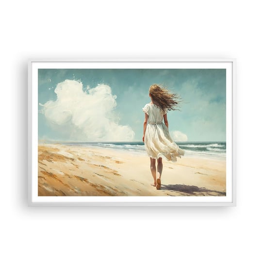 Obraz - Plakat - Na spotkanie słońca i wiatru - 100x70cm - Dziewczyna Plaża Spacerować - Foto Plakaty w ramie koloru białego do Salonu Sypialni ARTTOR ARTTOR