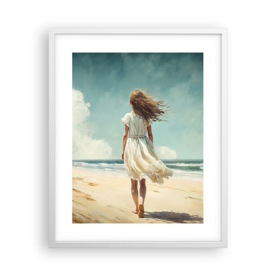 Obraz - Plakat - Na spotkanie słońca i wiatru - 40x50cm - Dziewczyna Plaża Spacerować - Foto Plakaty w ramie koloru białego do Salonu Sypialni ARTTOR ARTTOR