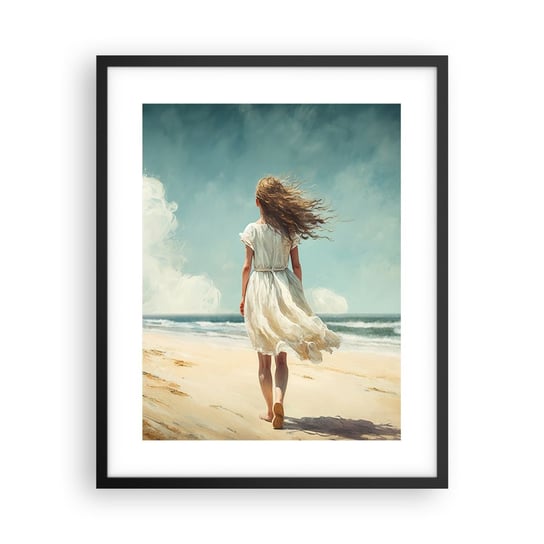 Obraz - Plakat - Na spotkanie słońca i wiatru - 40x50cm - Dziewczyna Plaża Spacerować - Foto Plakaty w ramie koloru czarnego do Salonu Sypialni ARTTOR ARTTOR