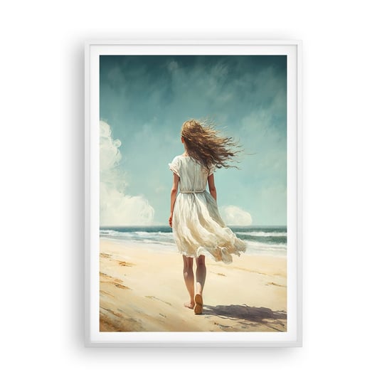 Obraz - Plakat - Na spotkanie słońca i wiatru - 70x100cm - Dziewczyna Plaża Spacerować - Foto Plakaty w ramie koloru białego do Salonu Sypialni ARTTOR ARTTOR