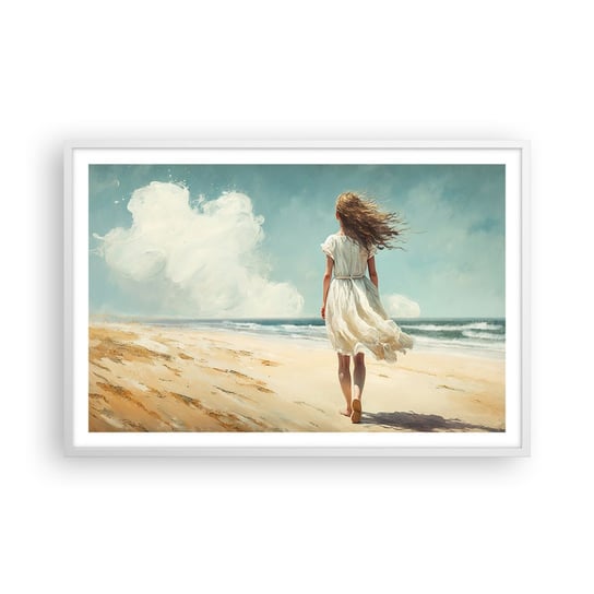 Obraz - Plakat - Na spotkanie słońca i wiatru - 91x61cm - Dziewczyna Plaża Spacerować - Foto Plakaty na ścianę w ramie białej - Plakat do Salonu Sypialni ARTTOR ARTTOR