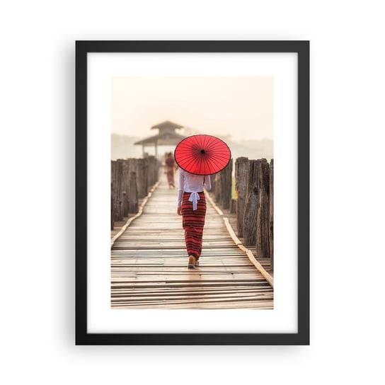 Obraz - Plakat - Na starym moście - 30x40cm - Parasol Birma Drewniany Pomost - Foto Plakaty na ścianę w czarnej ramie - Plakat do Salonu Sypialni ARTTOR ARTTOR