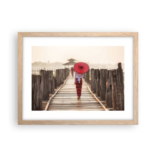 Obraz - Plakat - Na starym moście - 40x30cm - Parasol Birma Drewniany Pomost - Foto Plakaty na ścianę w ramie jasny dąb - Plakat do Salonu Sypialni ARTTOR ARTTOR