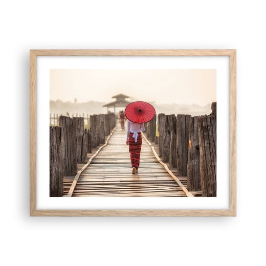 Obraz - Plakat - Na starym moście - 50x40cm - Parasol Birma Drewniany Pomost - Foto Plakaty w ramie koloru jasny dąb do Salonu Sypialni ARTTOR ARTTOR