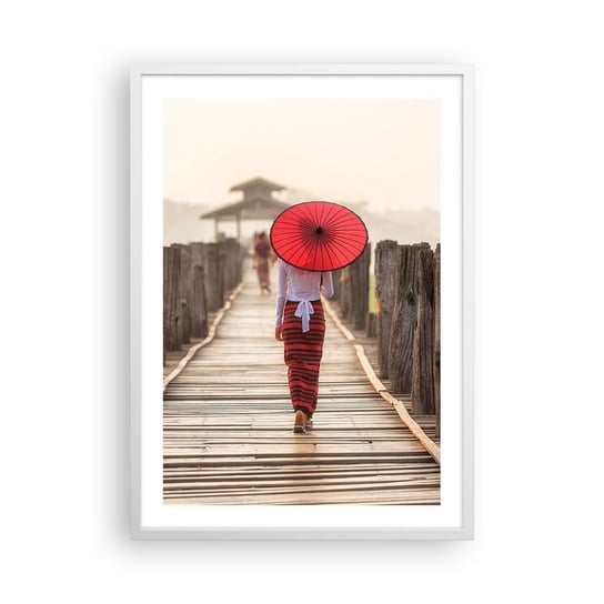 Obraz - Plakat - Na starym moście - 50x70cm - Parasol Birma Drewniany Pomost - Nowoczesny modny obraz Plakat rama biała ARTTOR ARTTOR