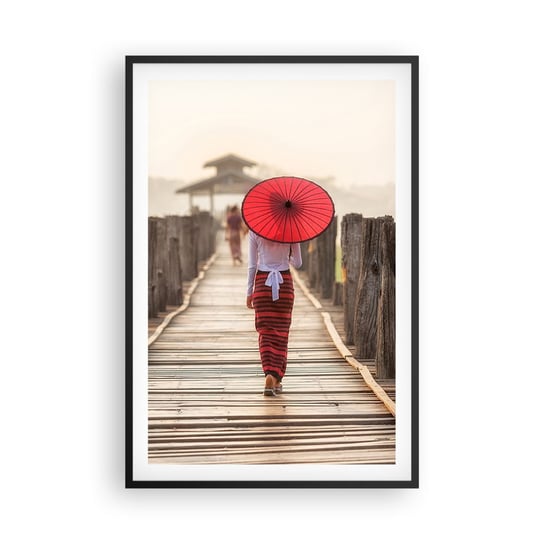Obraz - Plakat - Na starym moście - 61x91cm - Parasol Birma Drewniany Pomost - Foto Plakaty na ścianę w czarnej ramie - Plakat do Salonu Sypialni ARTTOR ARTTOR