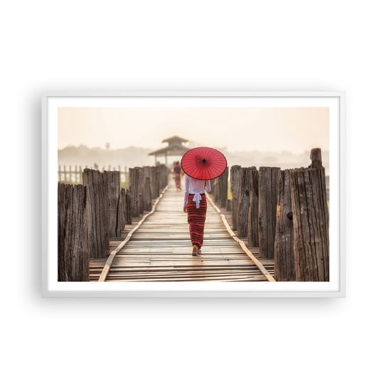 Obraz - Plakat - Na starym moście - 91x61cm - Parasol Birma Drewniany Pomost - Foto Plakaty na ścianę w ramie białej - Plakat do Salonu Sypialni ARTTOR ARTTOR