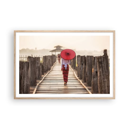Obraz - Plakat - Na starym moście - 91x61cm - Parasol Birma Drewniany Pomost - Foto Plakaty na ścianę w ramie jasny dąb - Plakat do Salonu Sypialni ARTTOR ARTTOR