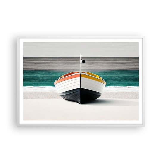 Obraz - Plakat - Na swoim miejscu - 100x70cm - Łódka Morze Nadmorski - Foto Plakaty w ramie koloru białego do Salonu Sypialni ARTTOR ARTTOR