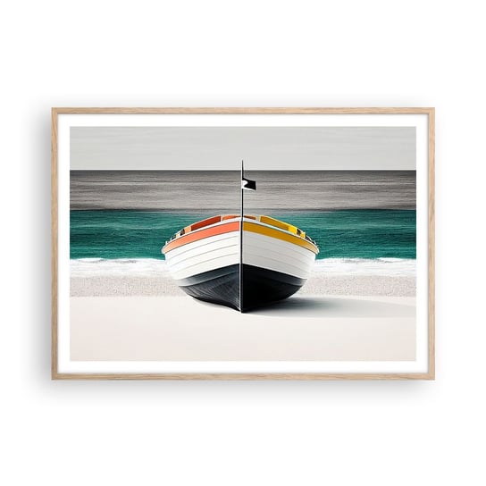 Obraz - Plakat - Na swoim miejscu - 100x70cm - Łódka Morze Nadmorski - Foto Plakaty w ramie koloru jasny dąb do Salonu Sypialni ARTTOR ARTTOR