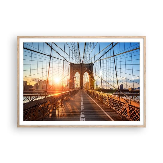 Obraz - Plakat - Na złotym moście - 100x70cm - Nowy Jork Most Brookliński Architektura - Foto Plakaty w ramie koloru jasny dąb do Salonu Sypialni ARTTOR ARTTOR