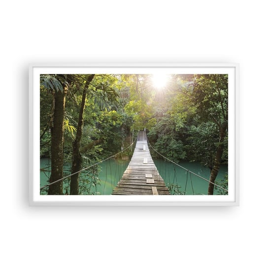 Obraz - Plakat - Nad lazurową wodą do lazurowego lasu - 91x61cm - Krajobraz  Dżungla Drewniany Most - Foto Plakaty na ścianę w ramie białej - Plakat do Salonu Sypialni ARTTOR ARTTOR