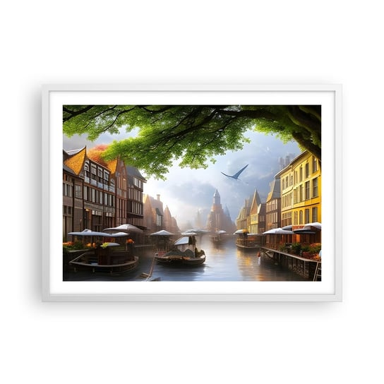 Obraz - Plakat - Niderlandzki pejzaż miejski - 70x50cm - Stare Miasto Łodzie Kanał - Nowoczesny modny obraz Plakat rama biała ARTTOR ARTTOR