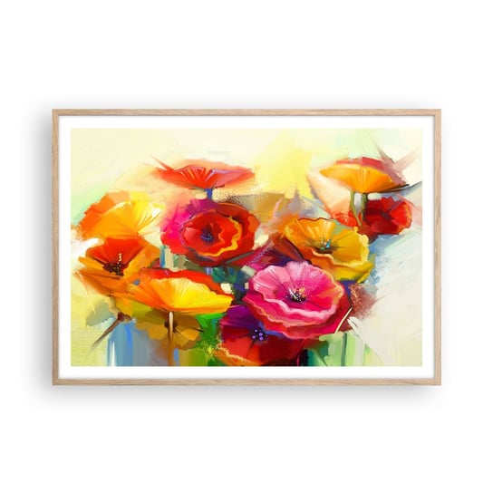Obraz - Plakat - Nie tylko czerwone - 100x70cm - Kwiaty Maki Ogród - Foto Plakaty w ramie koloru jasny dąb do Salonu Sypialni ARTTOR ARTTOR