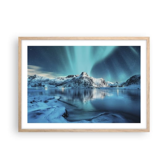 Obraz - Plakat - Noc światła - 70x50cm - Zorza Polarna Norwegia Krajobraz - Nowoczesny modny obraz Plakat rama jasny dąb ARTTOR ARTTOR