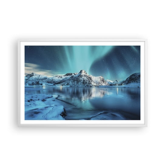 Obraz - Plakat - Noc światła - 91x61cm - Zorza Polarna Norwegia Krajobraz - Foto Plakaty na ścianę w ramie białej - Plakat do Salonu Sypialni ARTTOR ARTTOR