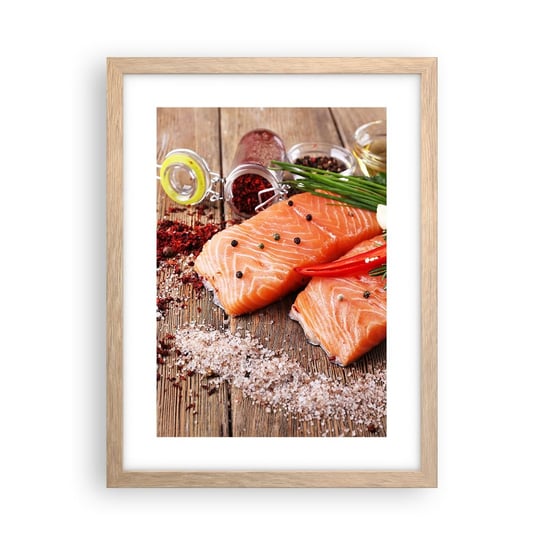 Obraz - Plakat - Norweska przygoda w kuchni - 30x40cm - Gastronomia Łosoś Przyprawy - Foto Plakaty na ścianę w ramie jasny dąb - Plakat do Salonu Sypialni ARTTOR ARTTOR