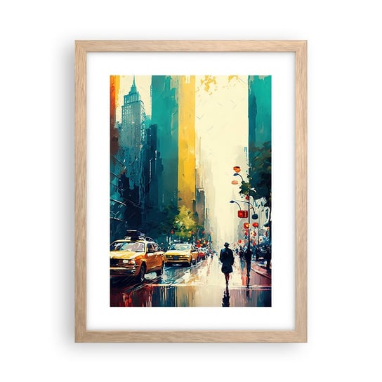 Obraz - Plakat - Nowy Jork – tu nawet deszcz jest kolorowy - 30x40cm - Sztuka Pejzaż Miasto - Foto Plakaty na ścianę w ramie jasny dąb - Plakat do Salonu Sypialni ARTTOR ARTTOR