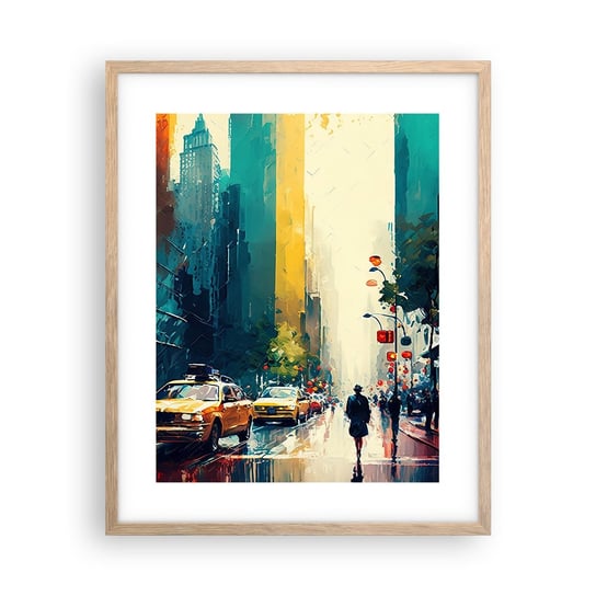 Obraz - Plakat - Nowy Jork – tu nawet deszcz jest kolorowy - 40x50cm - Sztuka Pejzaż Miasto - Foto Plakaty w ramie koloru jasny dąb do Salonu Sypialni ARTTOR ARTTOR