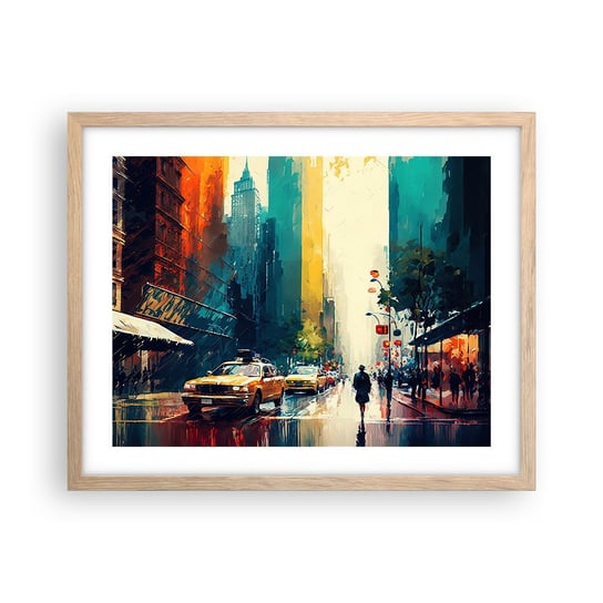 Obraz - Plakat - Nowy Jork – tu nawet deszcz jest kolorowy - 50x40cm - Sztuka Pejzaż Miasto - Foto Plakaty w ramie koloru jasny dąb do Salonu Sypialni ARTTOR ARTTOR