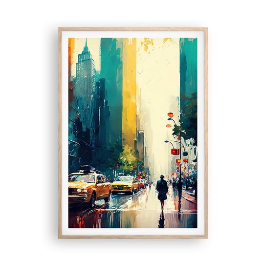Obraz - Plakat - Nowy Jork – tu nawet deszcz jest kolorowy - 70x100cm - Sztuka Pejzaż Miasto - Foto Plakaty w ramie koloru jasny dąb do Salonu Sypialni ARTTOR ARTTOR