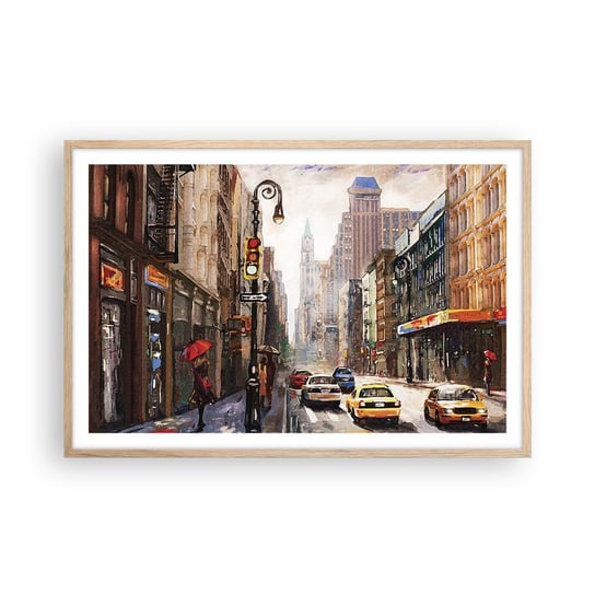 Obraz - Plakat - Nowy Jork – w deszczu tez kolorowy - 91x61cm - Nowy Jork Miasto Manhattan - Foto Plakaty na ścianę w ramie jasny dąb - Plakat do Salonu Sypialni ARTTOR ARTTOR