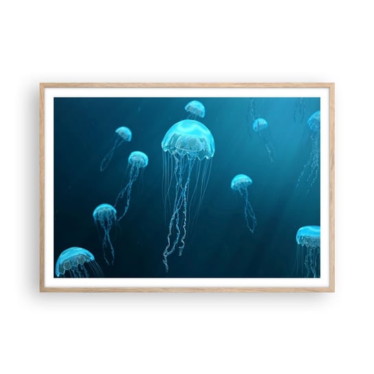 Obraz - Plakat - Oceaniczny taniec - 100x70cm - Meduza Ocean Woda - Foto Plakaty w ramie koloru jasny dąb do Salonu Sypialni ARTTOR ARTTOR