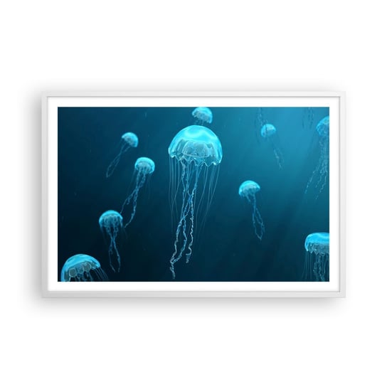 Obraz - Plakat - Oceaniczny taniec - 91x61cm - Meduza Ocean Woda - Foto Plakaty na ścianę w ramie białej - Plakat do Salonu Sypialni ARTTOR ARTTOR