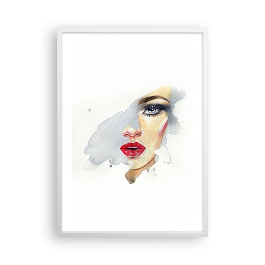 Obraz - Plakat - Odbicie w kropli wody - 50x70cm - Twarz Kobiety Kobieta Czerwone Usta - Nowoczesny modny obraz Plakat rama biała ARTTOR ARTTOR