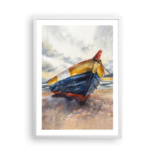 Obraz - Plakat - Odpoczynek na brzegu - 50x70cm - Pejzaż Łódka Nadmorski - Nowoczesny modny obraz Plakat rama biała ARTTOR ARTTOR
