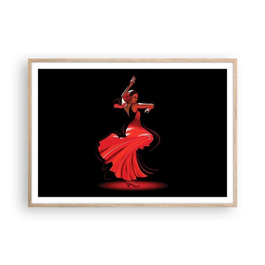 Obraz - Plakat - Ognisty duch flamenco - 100x70cm - Tancerka Flamenco Taniec - Foto Plakaty w ramie koloru jasny dąb do Salonu Sypialni ARTTOR ARTTOR