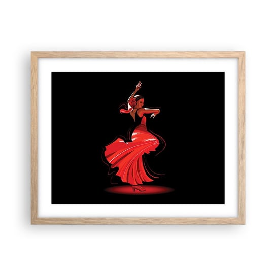 Obraz - Plakat - Ognisty duch flamenco - 50x40cm - Tancerka Flamenco Taniec - Foto Plakaty w ramie koloru jasny dąb do Salonu Sypialni ARTTOR ARTTOR