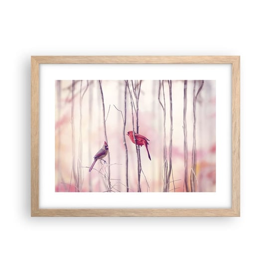 Obraz - Plakat - Opowieść różowego lasu - 40x30cm - Ptak Natura Las - Foto Plakaty na ścianę w ramie jasny dąb - Plakat do Salonu Sypialni ARTTOR ARTTOR